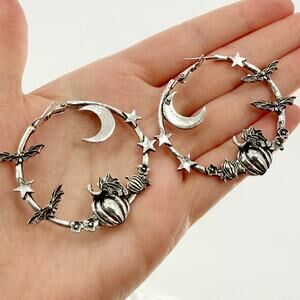 Bat Moon Pumpkin Hoop Earrings Silver Tone Halloween Celestial Goth